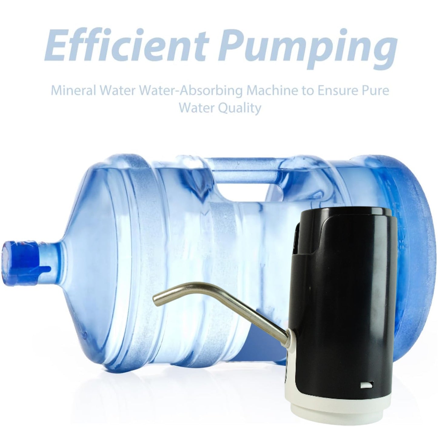 Close-up of water dispenser pump's stainless metal spout and one-touch button