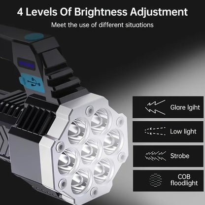 Multi-mode rechargeable LED flashlight illuminating a dark outdoor scene.