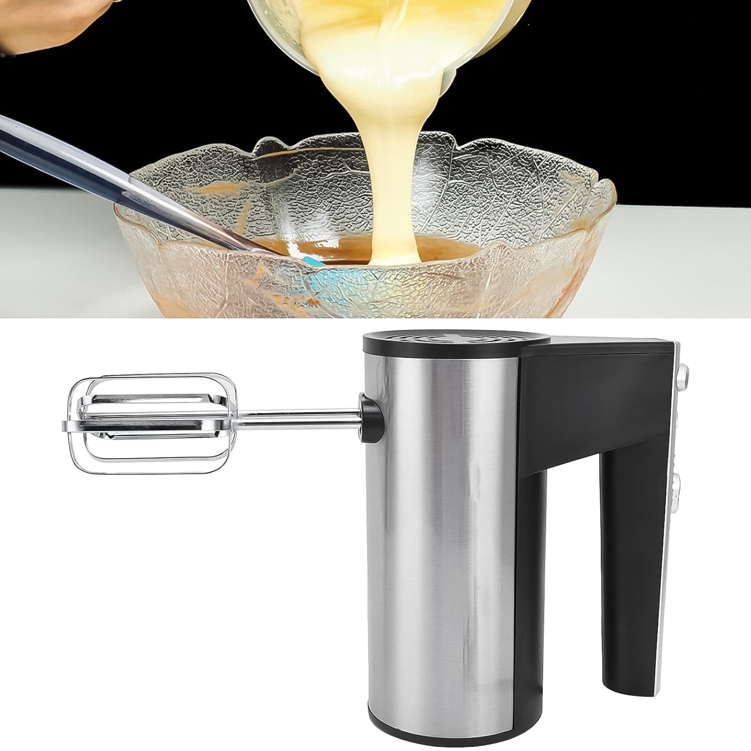 Electric hand mixer with quick-release stainless steel attachments