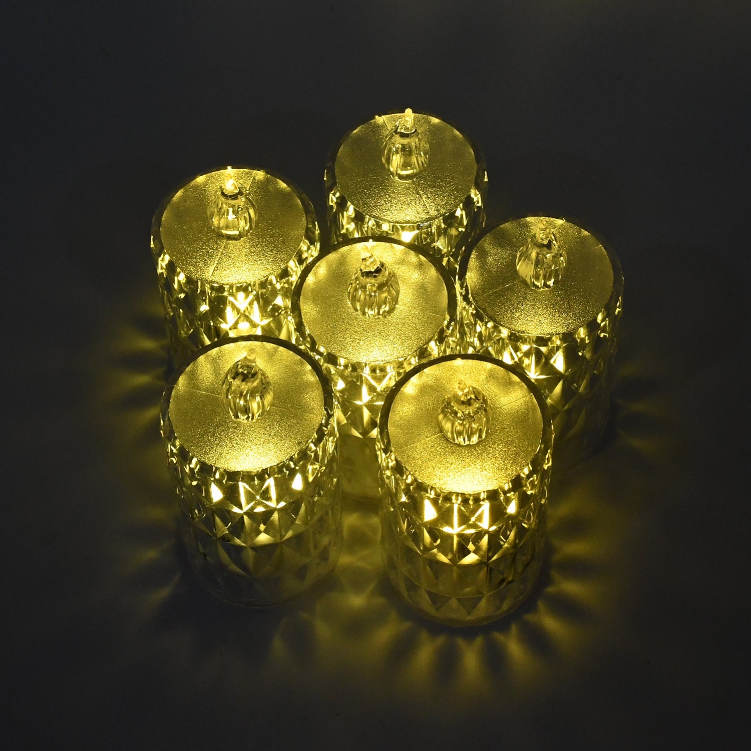 Crystal effect LED candle set displaying warm yellow flame effect