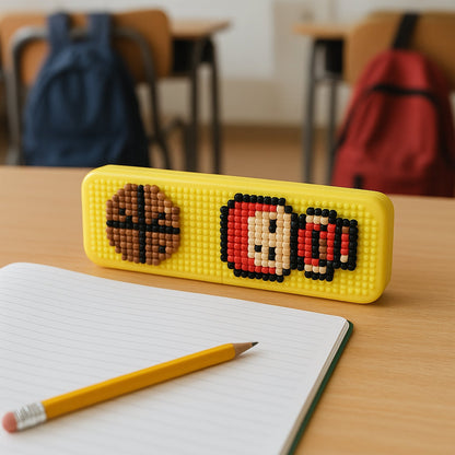 Close-up of the DIY Pixel Art Pen Stand holding pens, showing the pixel grid.