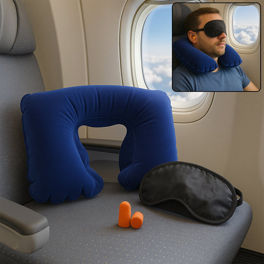 Complete 3-in-1 Air Travel Kit with inflatable pillow, ear buds, and eye mask from PillowTrek.