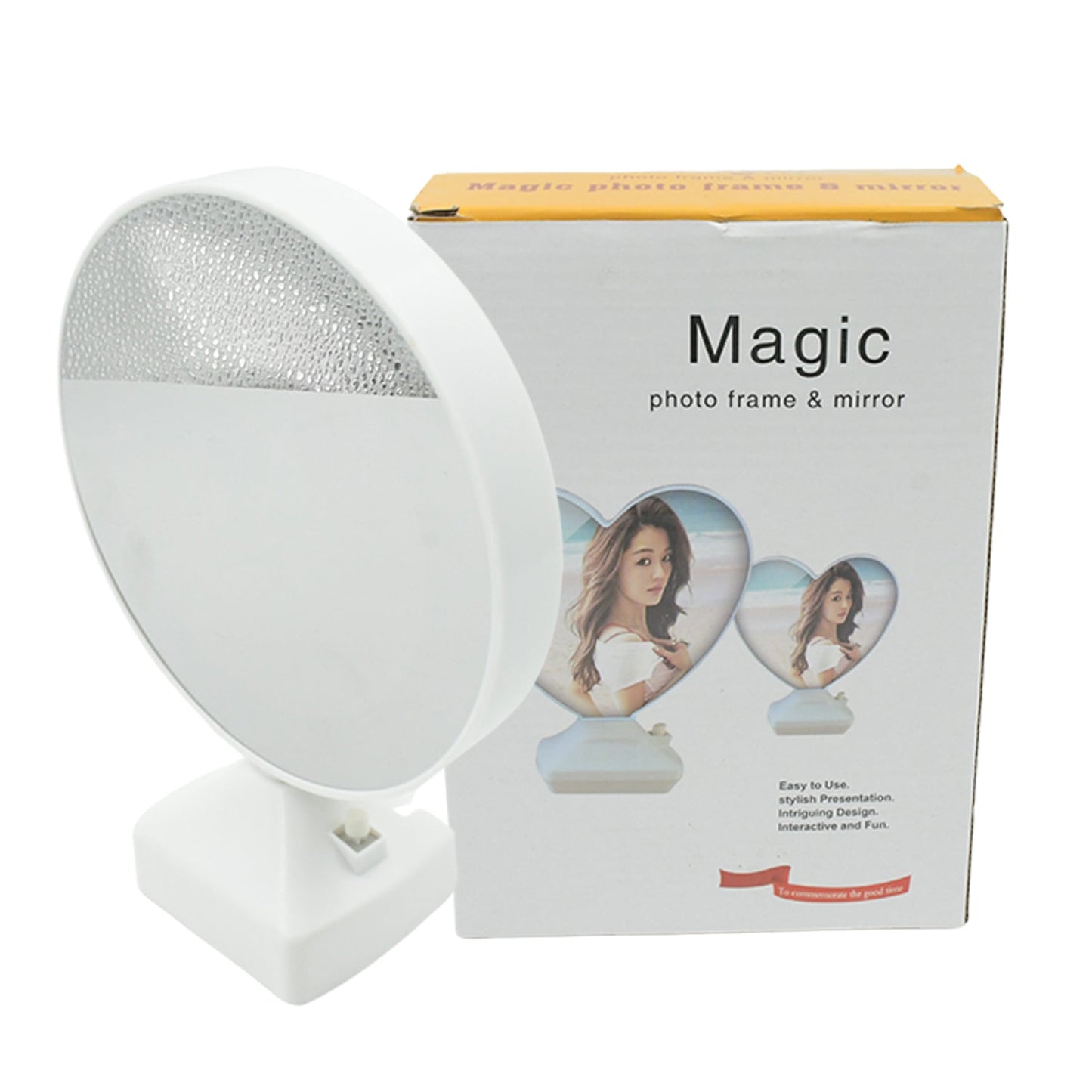 The LED Mirror Photo Frame showcasing its polymer frame material and white color.