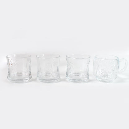 Stackable glass tumblers and mugs, part of a durable and practical drinkware collection.