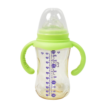 Detailed view of the 300ml Plastic Baby Feeding Bottle, highlighting its leakproof design.