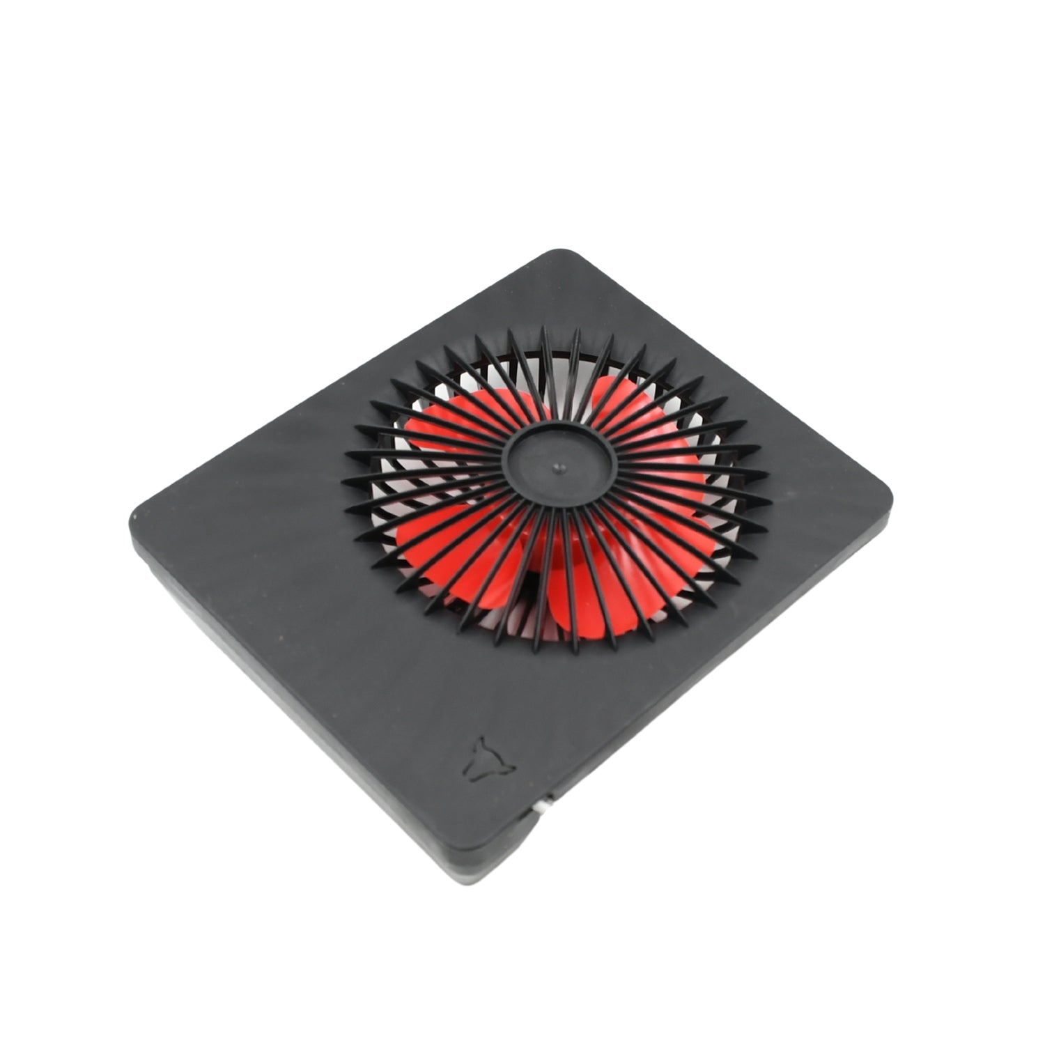 Side view of the portable fan with its safety grille, ideal for office or home use.