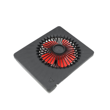 Side view of the portable fan with its safety grille, ideal for office or home use.
