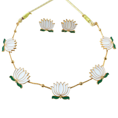 Adjustable thread white lotus necklace with stud earrings set