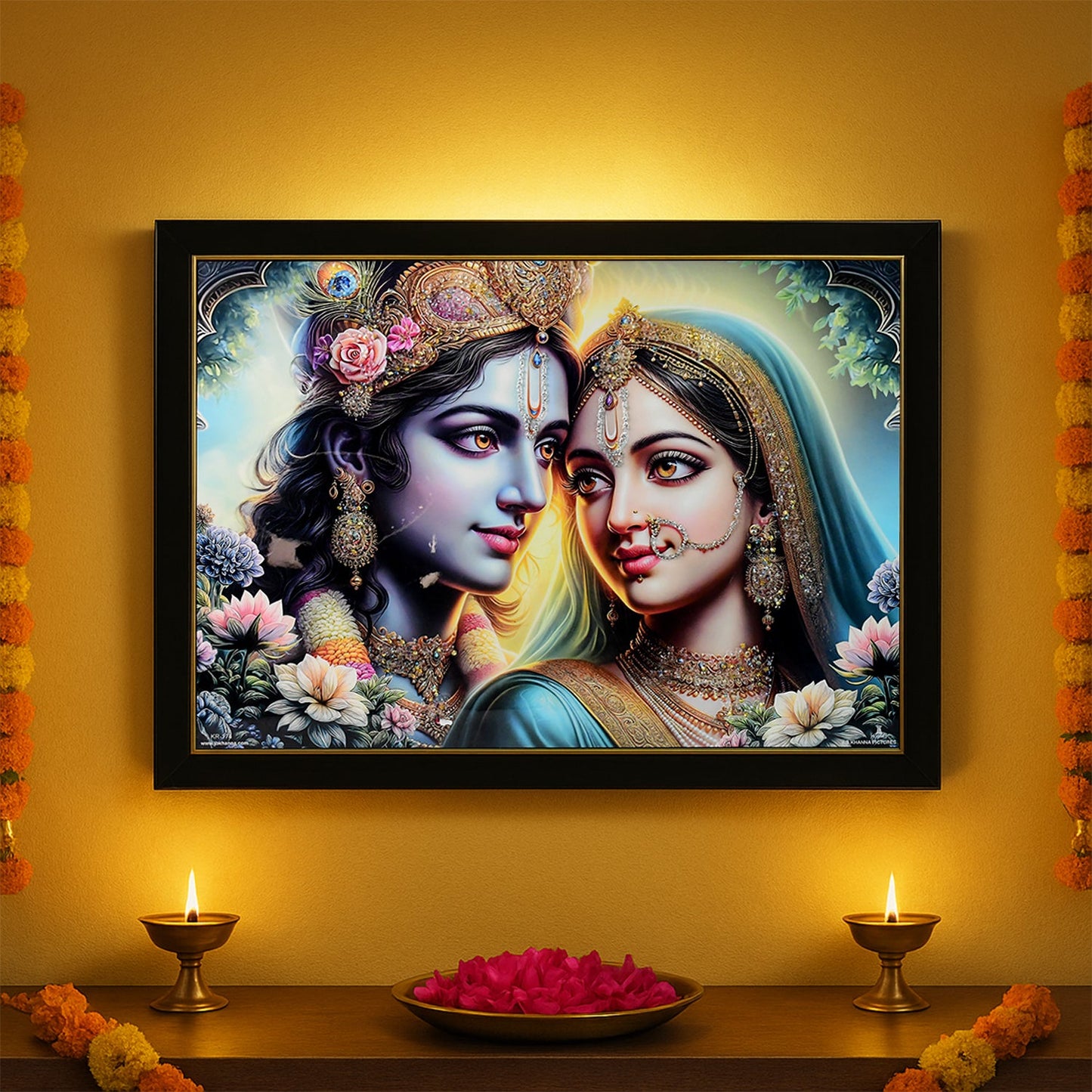 Lord Krishna Radha framed wall art hanging on living room wall