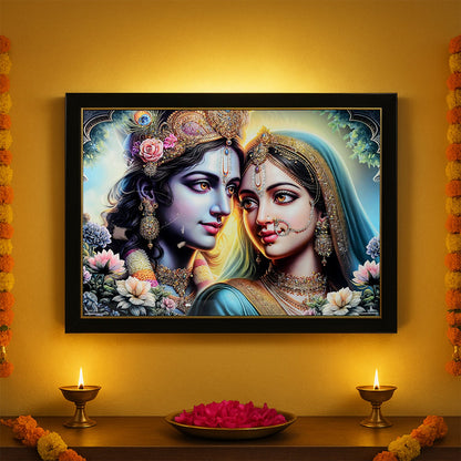 Lord Krishna Radha framed wall art hanging on living room wall