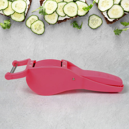 Multicolor 2-in-1 vegetable cutter with peeler from Quickslice for efficient kitchen prep.
