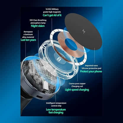Smartphone charging wirelessly on a sleek magnetic car mount.