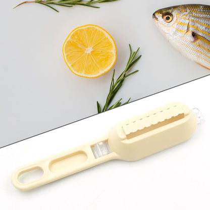 Efficient fish cleaning tool with built-in brush and grater.