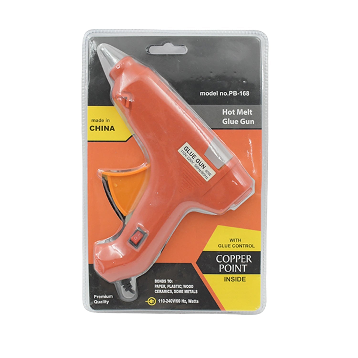 The hot melt glue gun positioned to highlight its precision nozzle and trigger for controlled glue application.