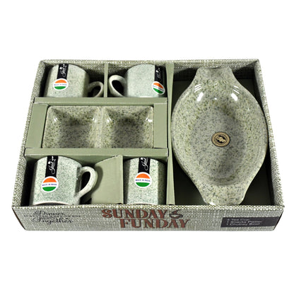 The full Ceramic Snack & Tea Set beautifully arranged on a table with snacks, highlighting its utility for entertaining.