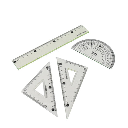 Close-up of ruler in 4-piece geometry set showing clear dual scale markings