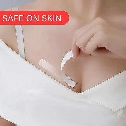 Woman applying anti-skid transparent fashion tape for a perfect fit.