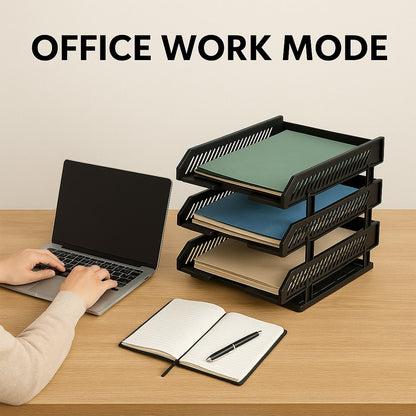 Multifunctional file rack neatly holding magazines and office supplies.
