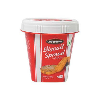 Chocotown Caramelised Biscuit Spread shown in a jar with a rustic background, emphasizing its gourmet appeal.