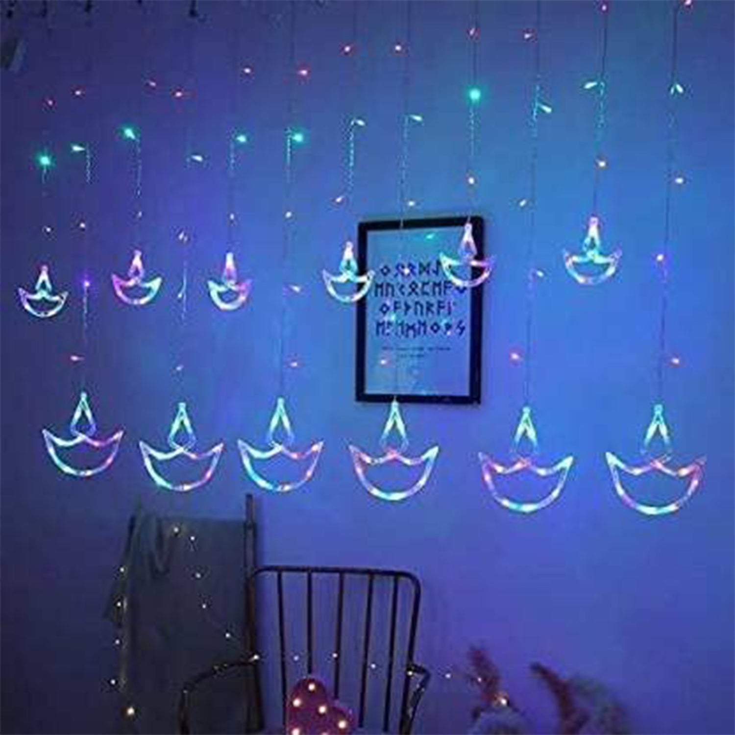 Diya Curtain String Lights draped elegantly as home decor.