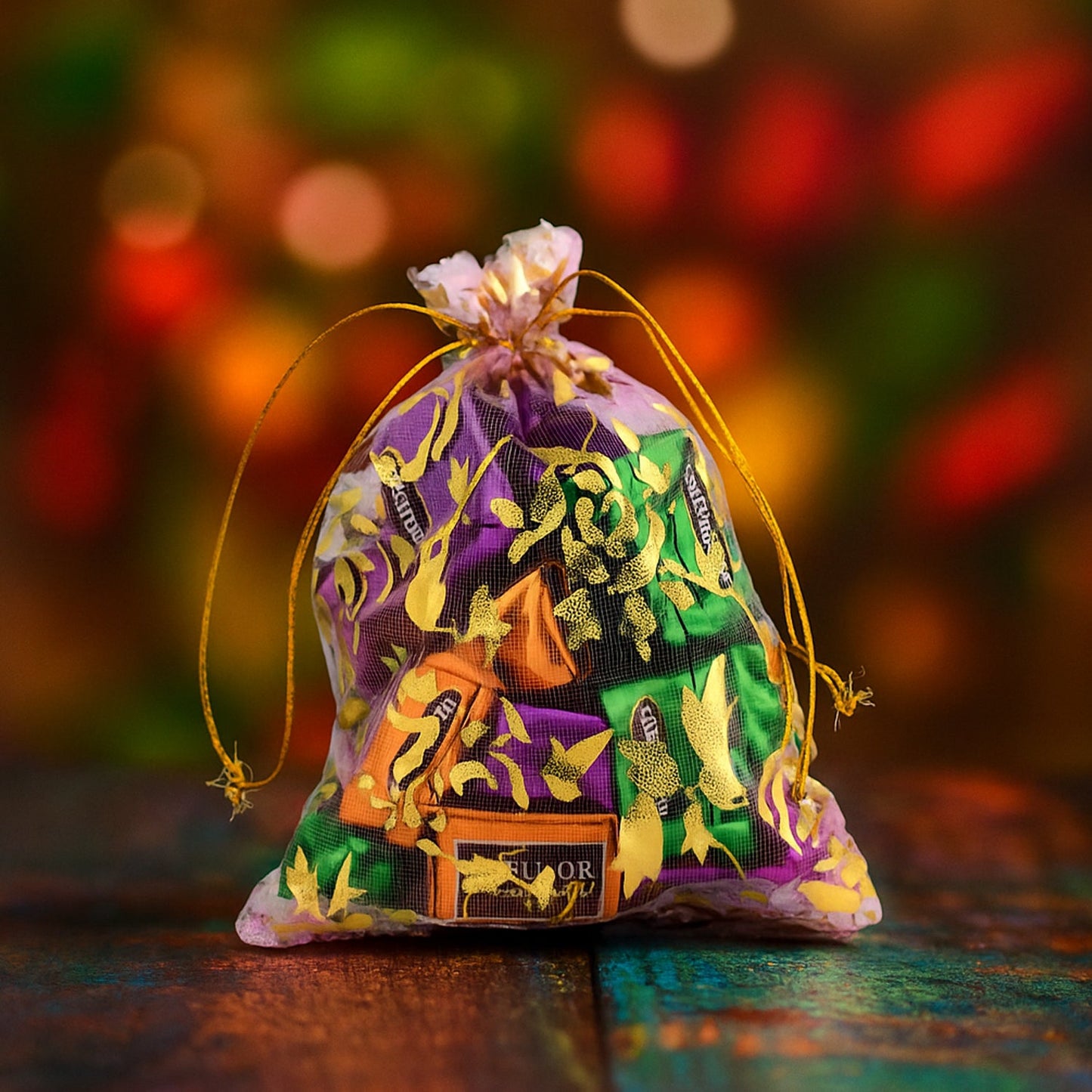 Decorative chocolate gift potli bag with golden floral embroidery filled with 10 assorted chocolates