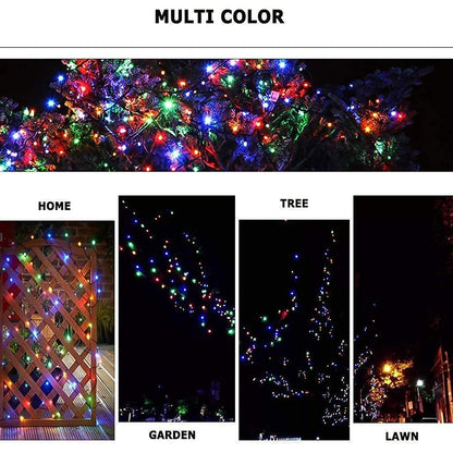Close-up of bright multi-color LED string lights ready for use.