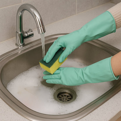 Long cuff rubber cleaning gloves protecting hands during dishwashing