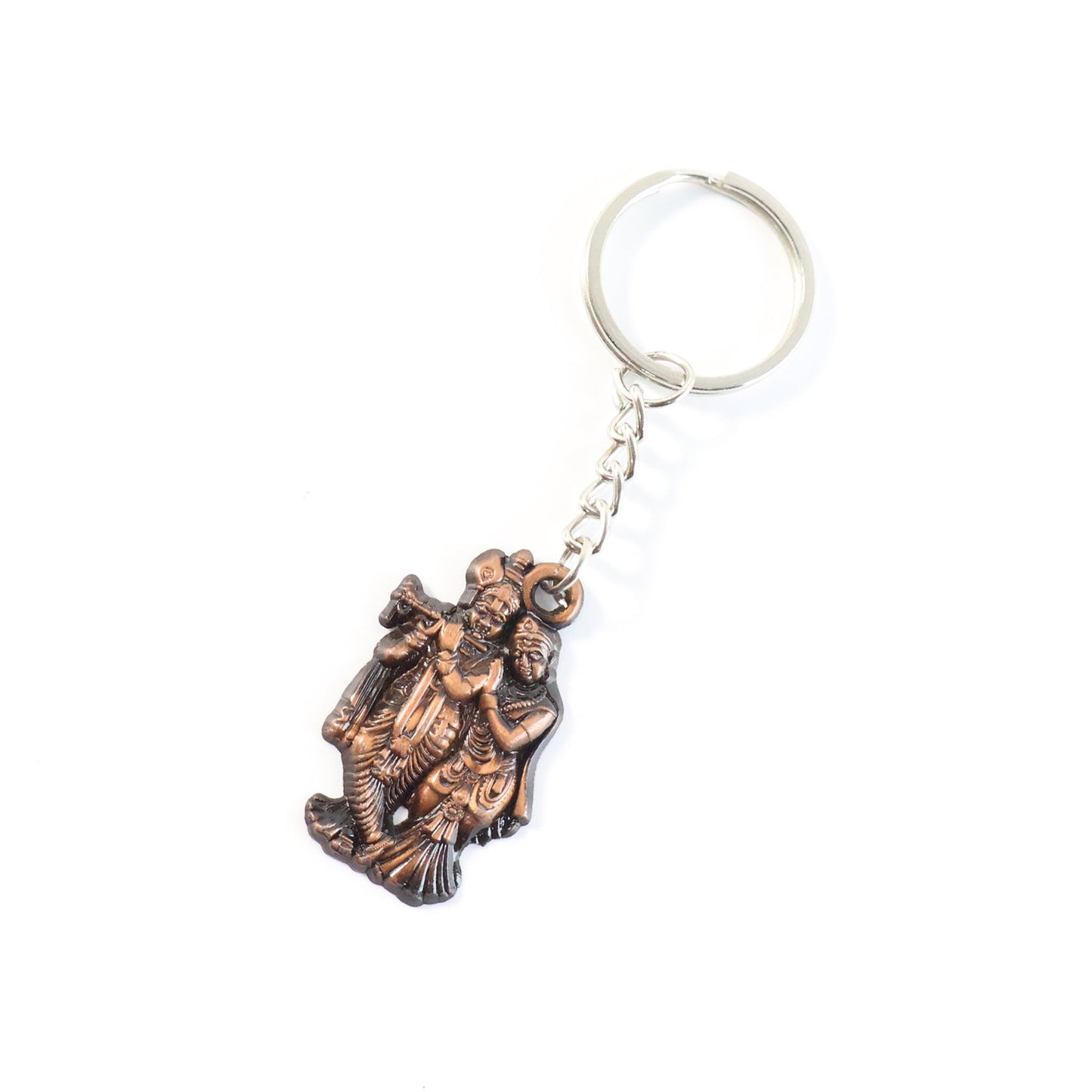 Dual Radha Krishna metal keychains displayed with sturdy chain and ring