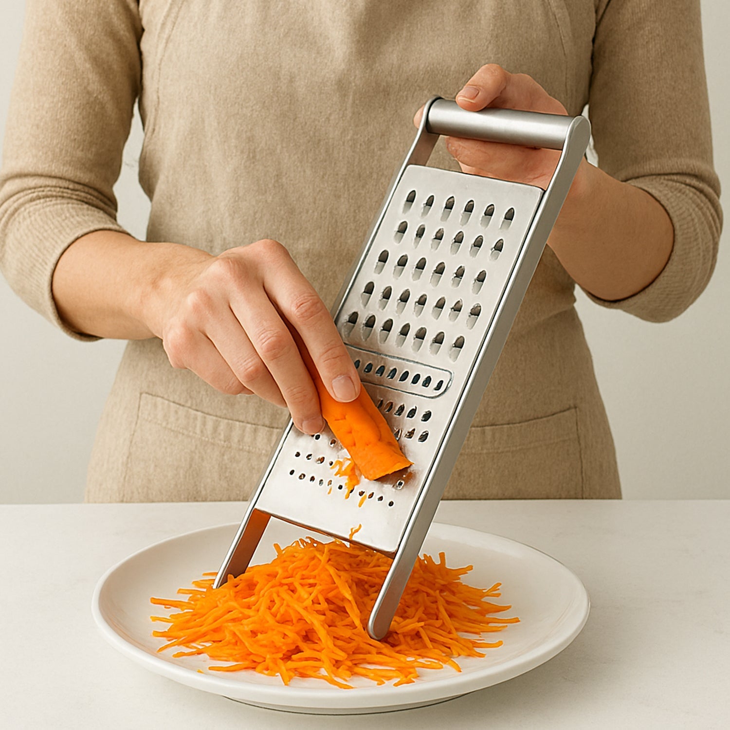 Ergonomic stainless steel chef grater and slicer tool for kitchen prep