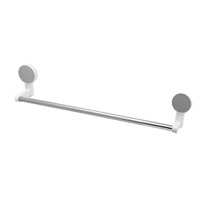 Wall-mounted adhesive towel rod holding towels in bathroom setting