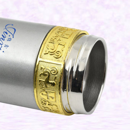 A chilled stainless steel water bottle with condensation, indicating its ability to keep drinks cold.