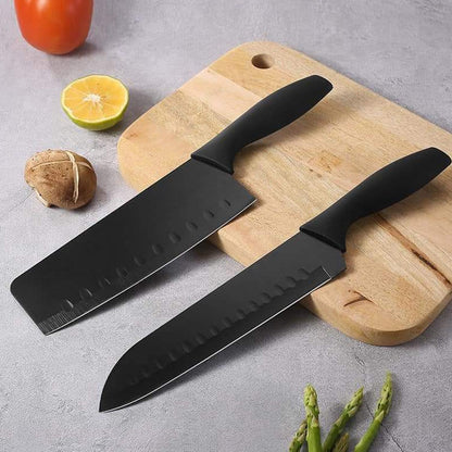 Full view of the complete 5-piece stainless steel kitchen knife set.