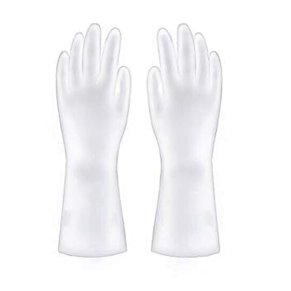 Heavy-duty cleaning gloves in use for bathroom scrubbing.