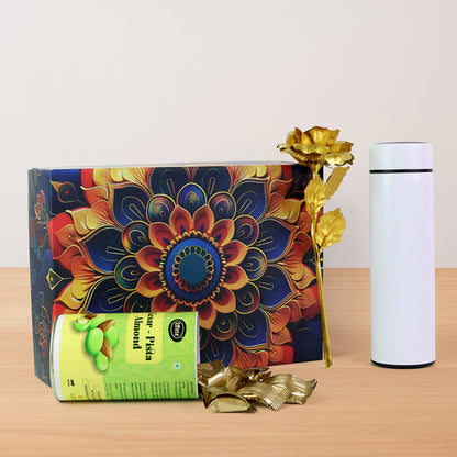 Close-up view of luxury designer gift box for dry fruit gift hamper.