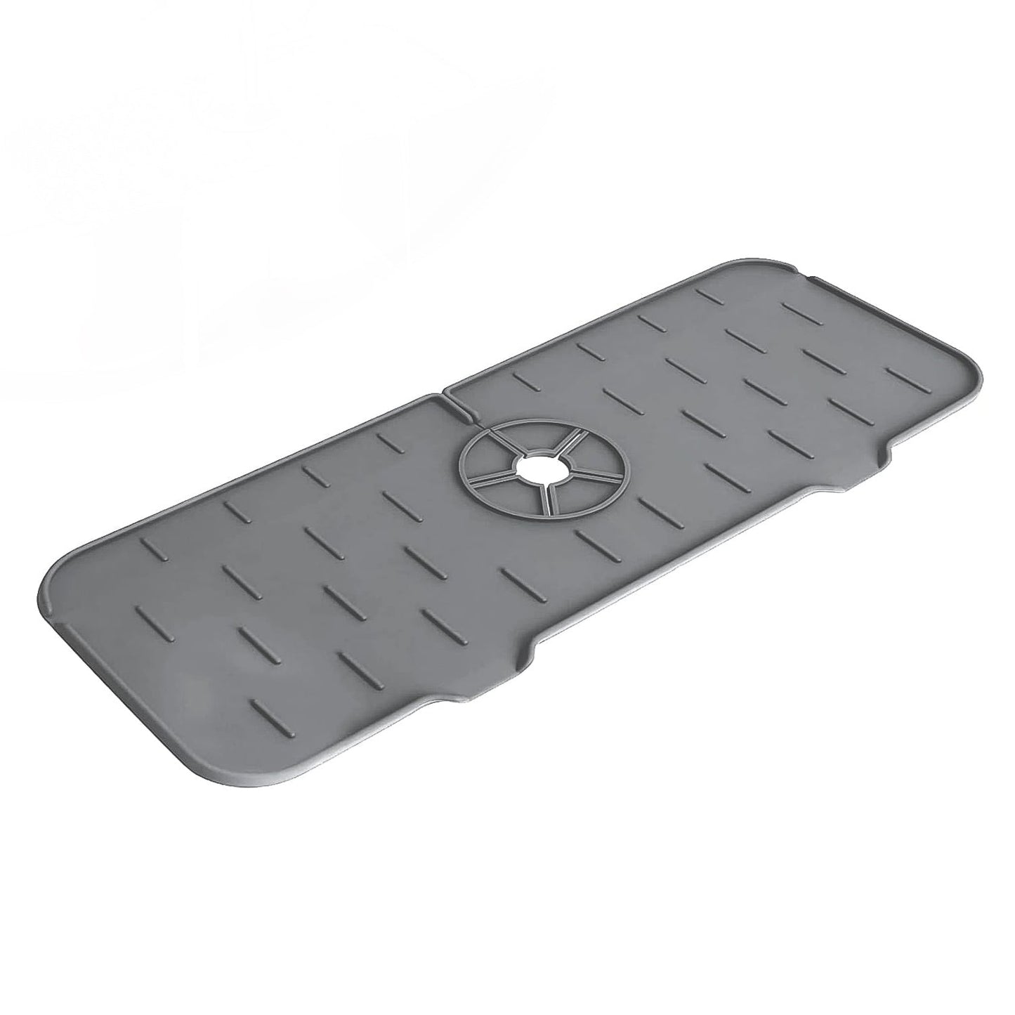 The silicone faucet mat shown in a bathroom setting, protecting the vanity from faucet drips and splashes.