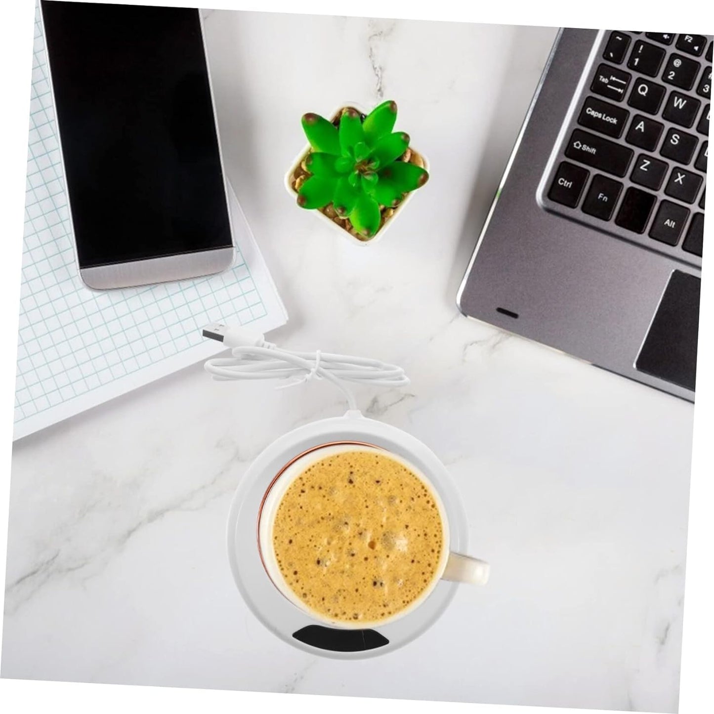 The USB mug warmer packaging, highlighting its features and portability.