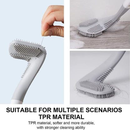 Golf toilet brush demonstrating its flexible head for reaching under the rim.