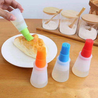 Oil bottle featuring a heat-resistant silicone brush for cooking and grilling.
