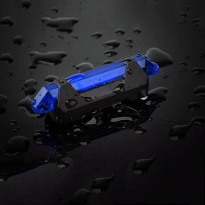 Packaging for the blue rechargeable bicycle light, including the light, USB cable, and rubber band.