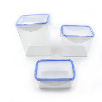 Three different sizes of clear plastic food storage containers stacked neatly.
