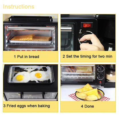 Grilling sausages and frying eggs simultaneously on the multifunctional breakfast maker.