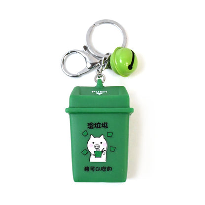 Green colored Trash Can Keychain novelty keyring made from durable plastic
