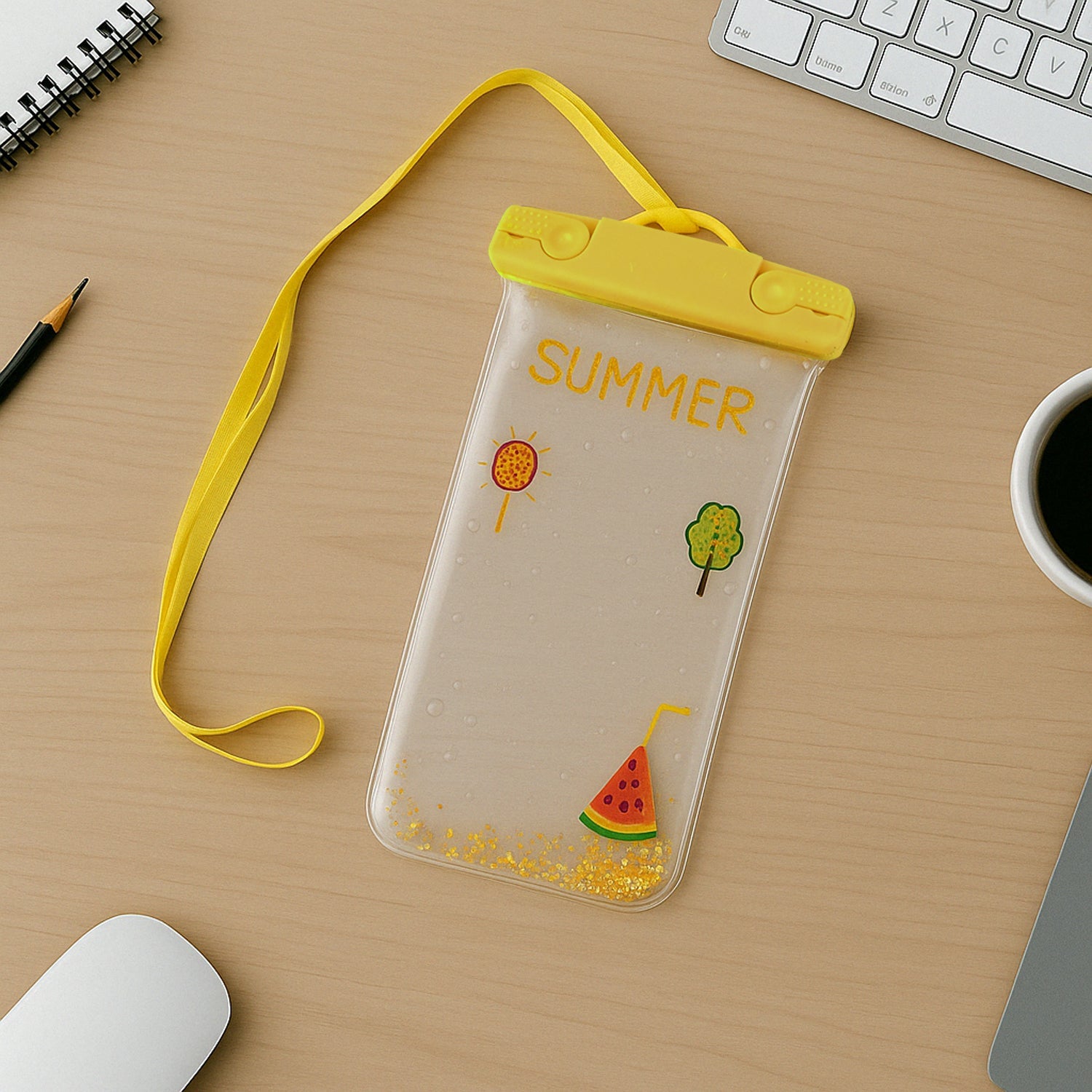 Front view of a transparent waterproof phone pouch with an adjustable belt.