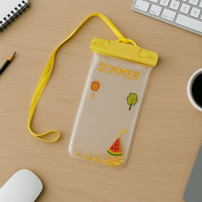 Front view of a transparent waterproof phone pouch with an adjustable belt.