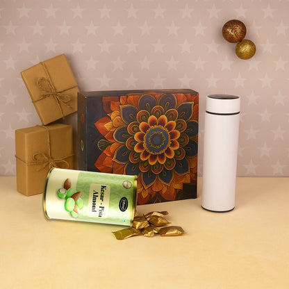 Complete Kesar Pista Almonds Chocolate Gift Hamper with reusable stainless steel bottle