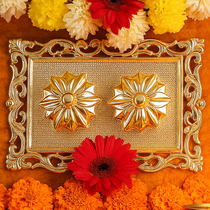 Rectangular pooja thali used for aarti and tilak ceremonies with decorative containers