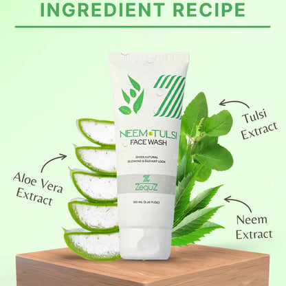 Face cleanser tube showing label with Neem & Tulsi extracts