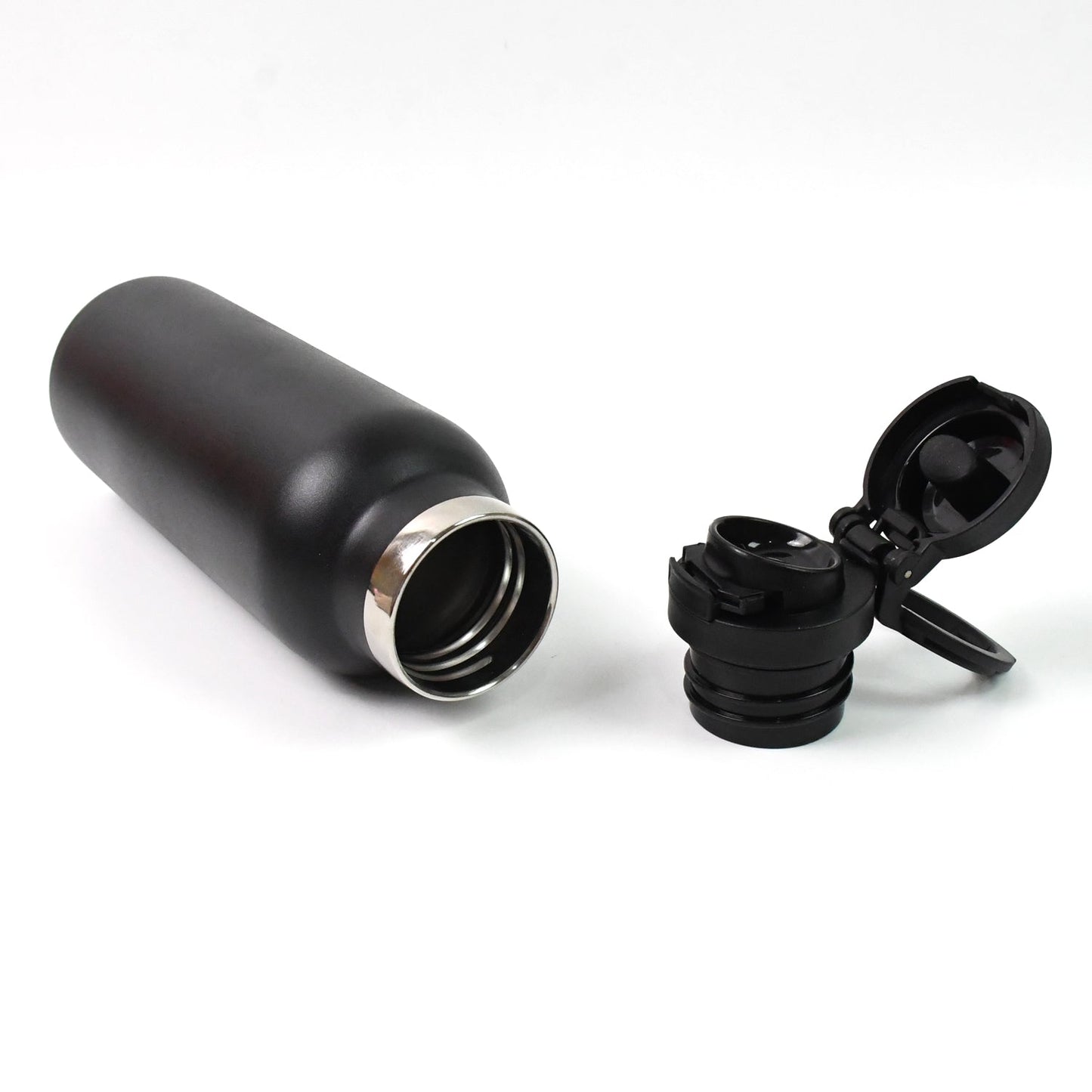 Close-up of stainless steel insulated water bottle for kids with leakproof lid