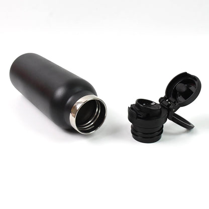Close-up of stainless steel insulated water bottle for kids with leakproof lid