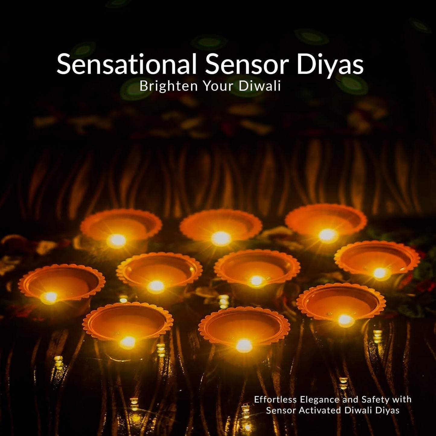 Set of 12 water sensor diyas arranged for a safe Diwali decoration.